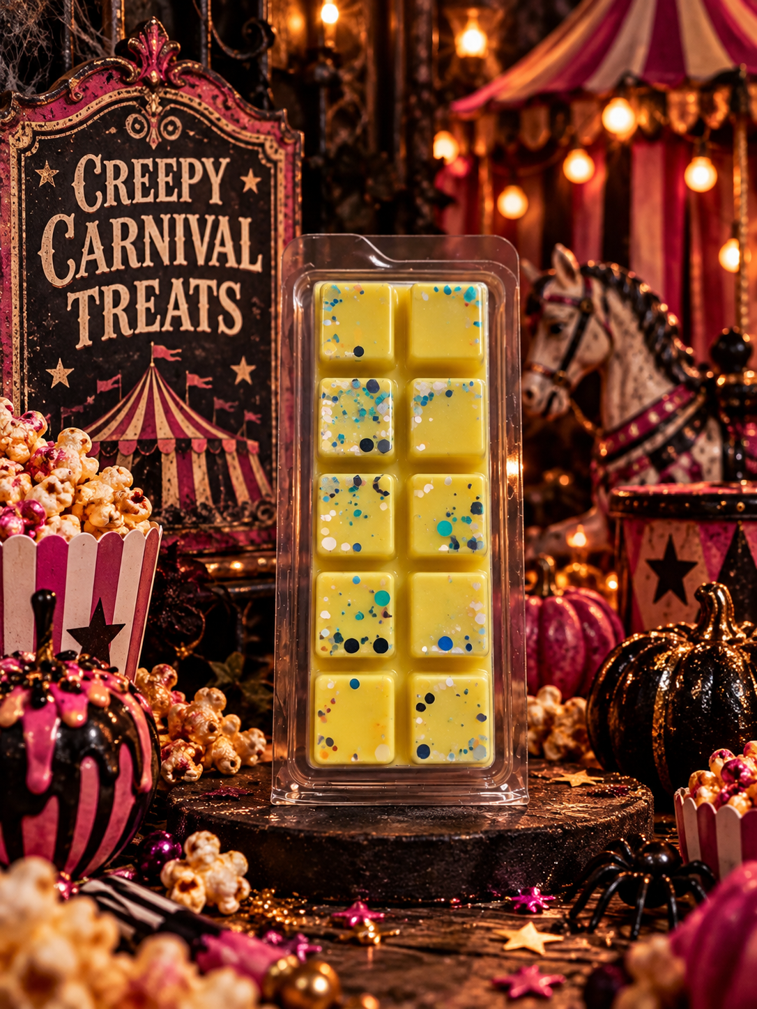 A clear plastic clamshell package containing yellow square wax melts or soap bars with scattered blue and black glitter, displayed in a circus-themed setting with popcorn, pumpkins, and a 'Creepy Carnival Treats' sign.
