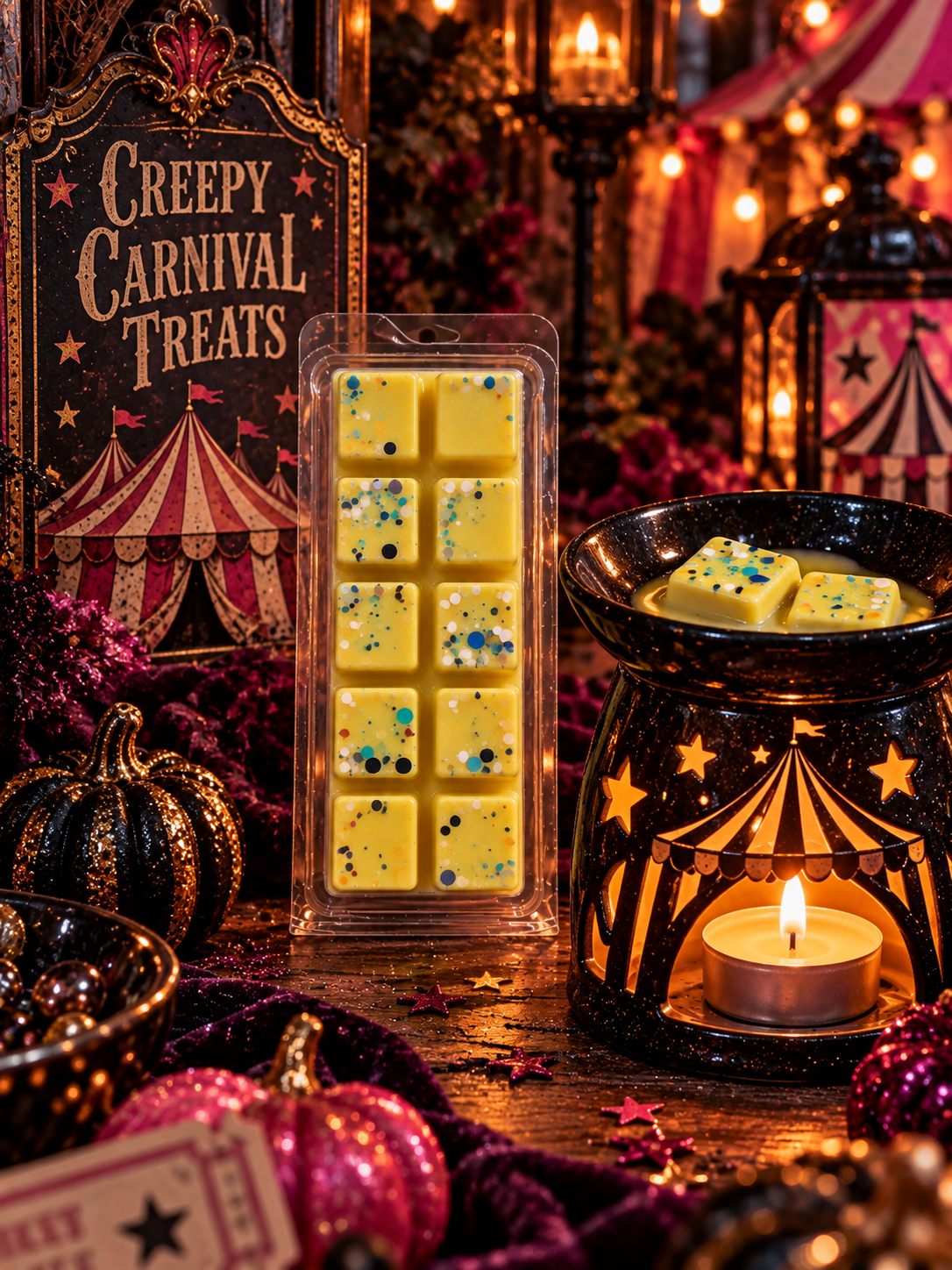 A package of yellow wax melts with blue and black speckles stands on a table in a Halloween-themed setting. The scene includes a black star-patterned wax warmer with a lit tealight candle, a vintage-style 'Creepy Carnival Treats' sign, and warm string lights in the background.