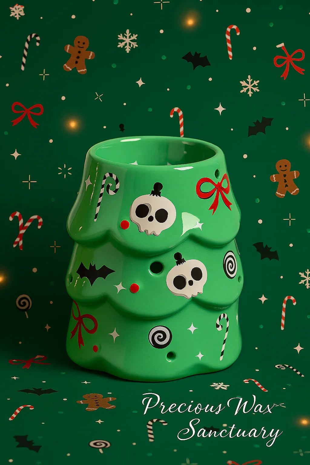 Green Halloween-themed wax and oil holder with decorative elements on a festive green background.