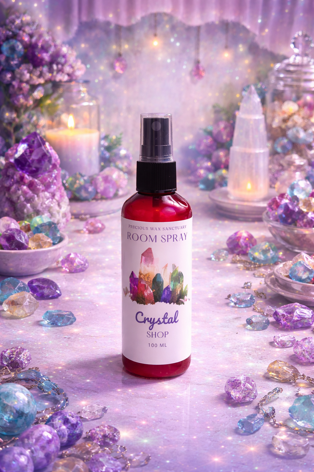Room spray bottle labeled 'Crystal Shop' surrounded by decorative crystals and fairy lights.