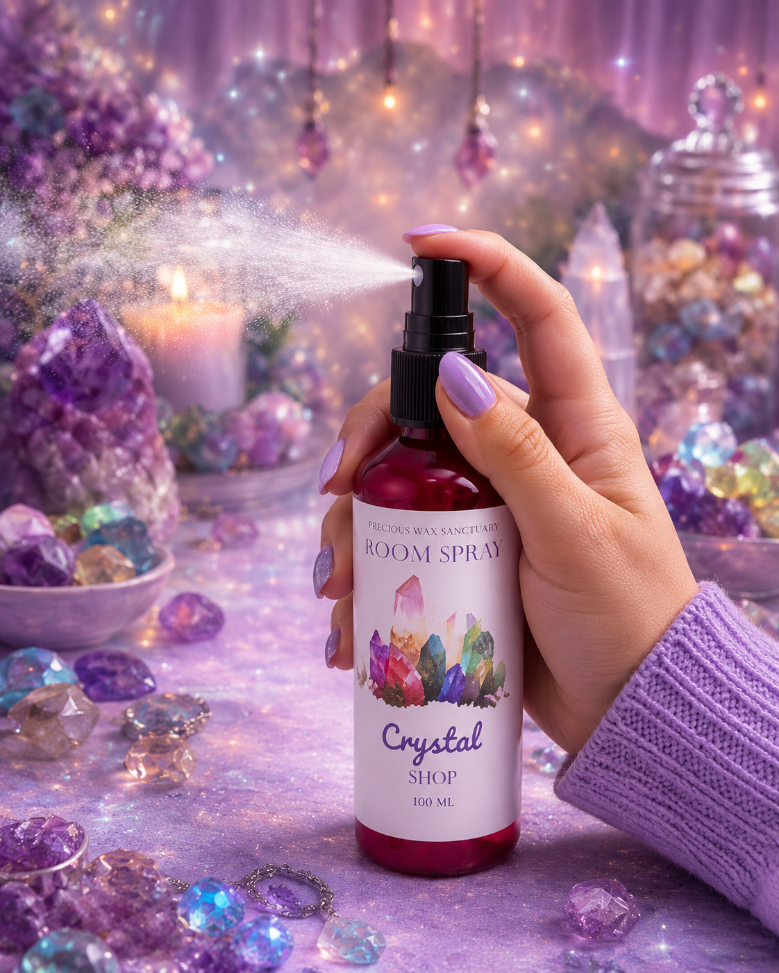 A hand with lavender nail polish holds a bottle of Crystal Shop 'The Magic Room Spray' as it sprays a mist. The background is a highly stylized, magical crystal cave with purple amethyst clusters, glowing candles, and sparkling purple crystals.