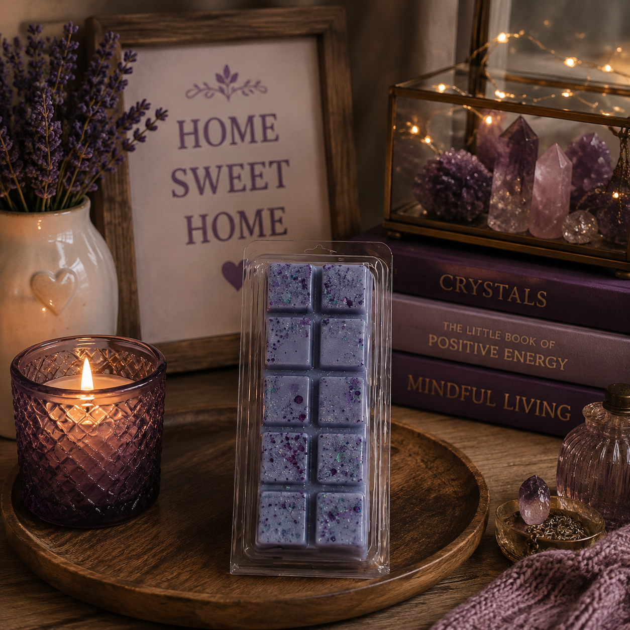 A packaged bar of lavender wax melts stands on a wooden tray beside a lit candle, a framed sign reading 'Home Sweet Home,' crystals in a glass case, and stacked books on a rustic tabletop.