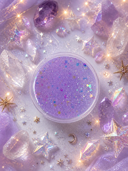 Crystal Stars Gel wax melt pot with crystal star purple background.
