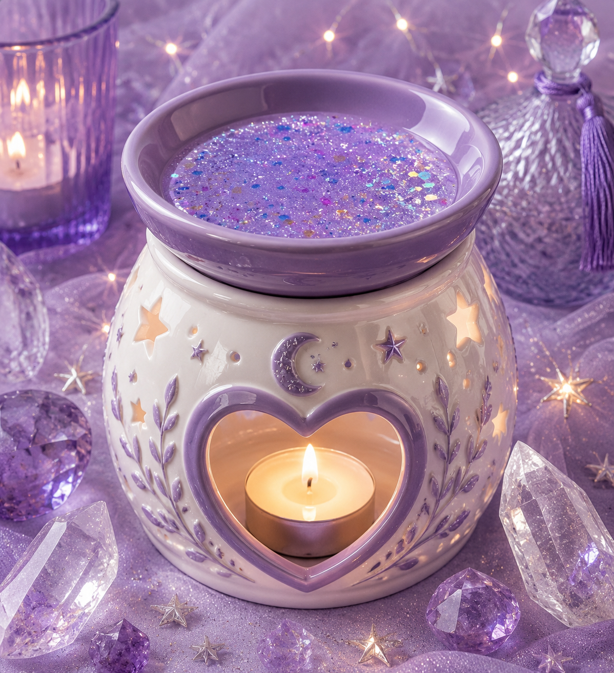 Crystal stars gel wax melt in burner with purple crystal background theme.