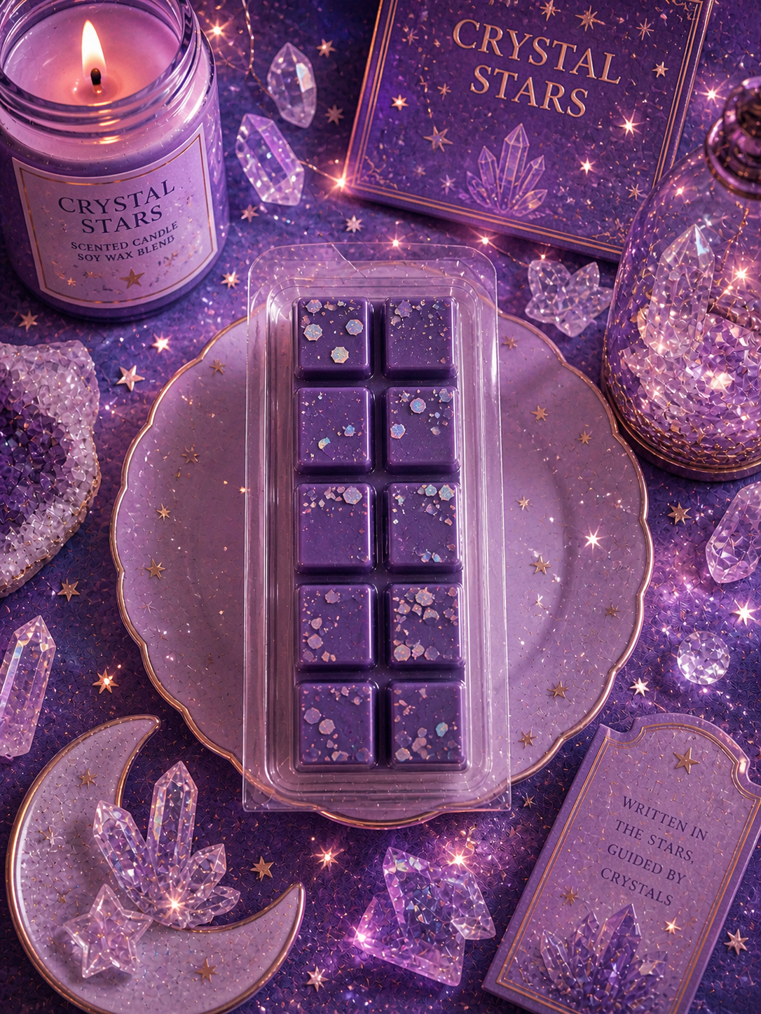 Crystal-themed product set with wax melts, candle, and crystals on a purple background.