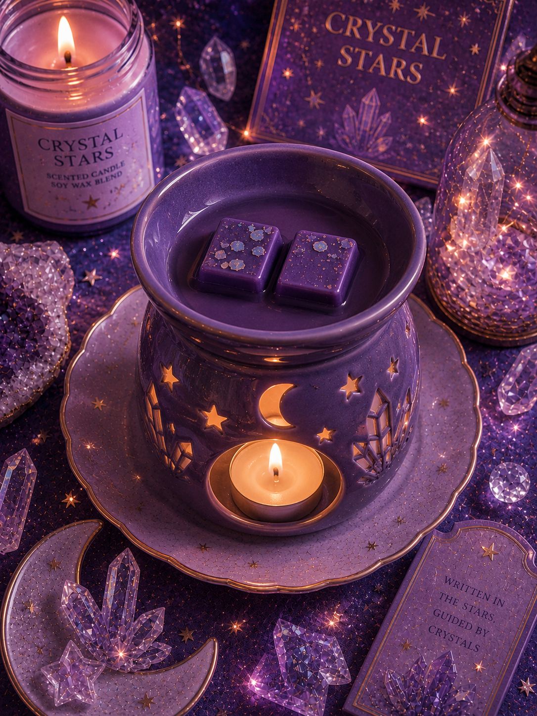 crystal stars wax melt in burner with candle, crystals and mythical background theme.