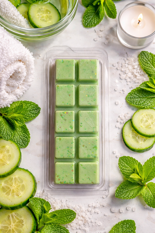 green wax melts with cucumbers, mint leaves, and a candle on a light surface.