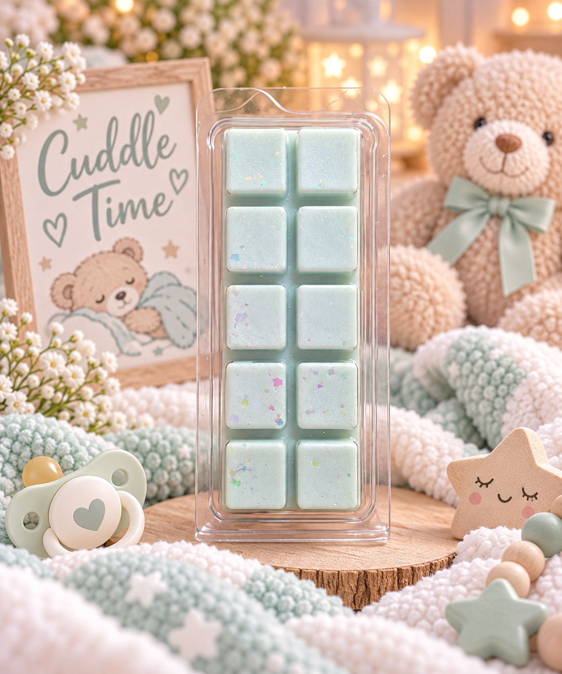 A packaged set of pale mint green square wax melts with tiny multicolor flecks, displayed in a clear plastic clamshell package on a wooden slice. The scene is styled with a teddy bear, a pacifier, a star toy, and a sign reading 'Cuddle Time' on a soft blanket.