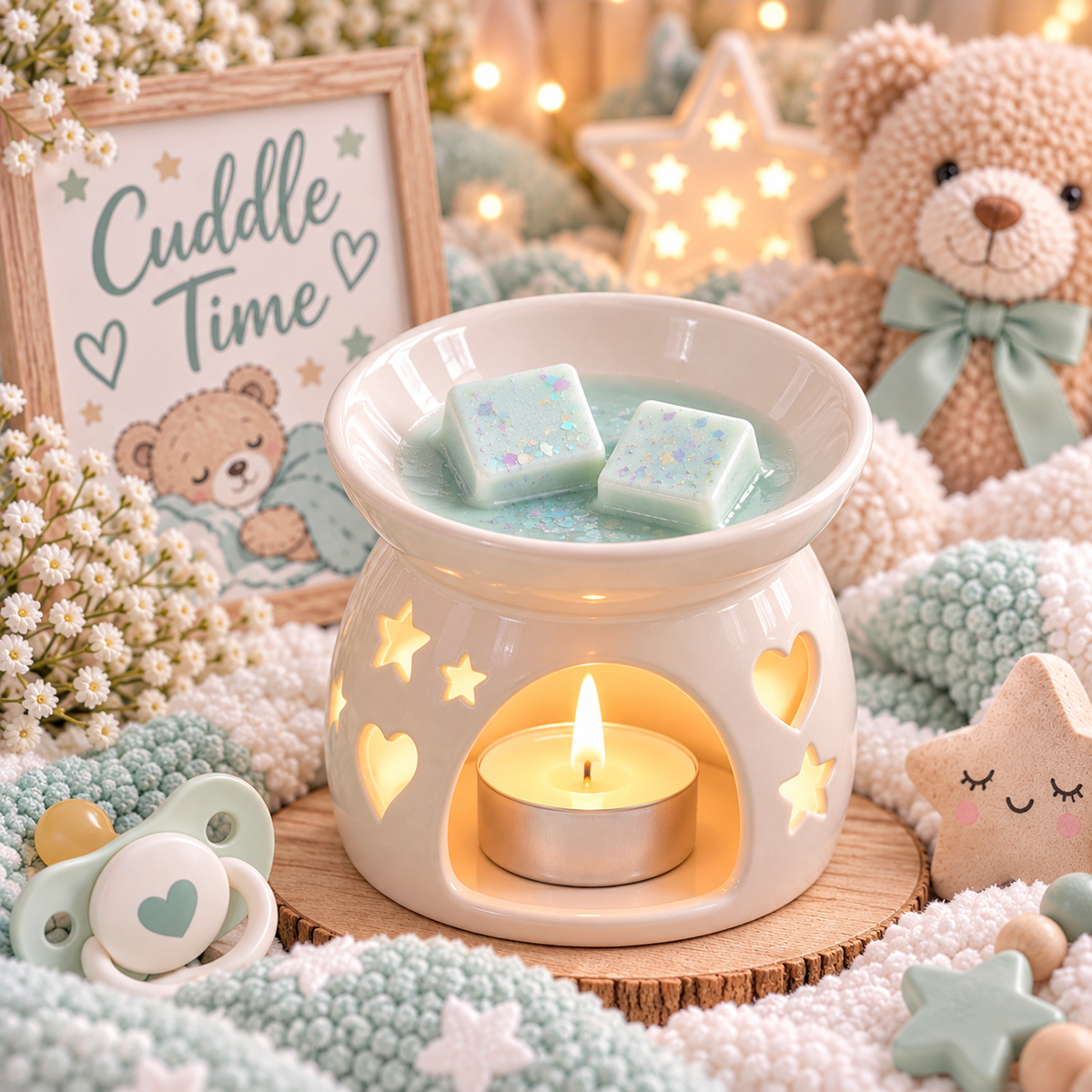 A ceramic wax warmer with a lit tealight candle and two pastel blue glittery wax cubes, styled in a cozy baby-themed setting with teddy bears, stars, and a framed 'Cuddle Time' sign.