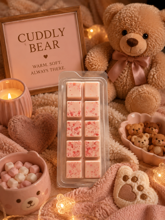 Cuddly bear-themed products including a teddy bear, wax melts, and candles on a soft surface.
