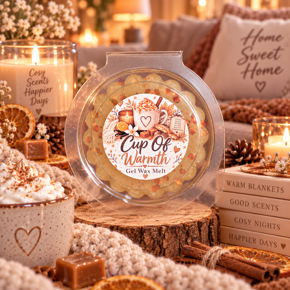 A round gel wax melt in a clear plastic clamshell container with a decorative label reading 'Cup Of Warmth Gel Wax Melt,' styled on a wood slice with candles, a mug of whipped cream, caramel pieces, books, and cozy home decor in the background.