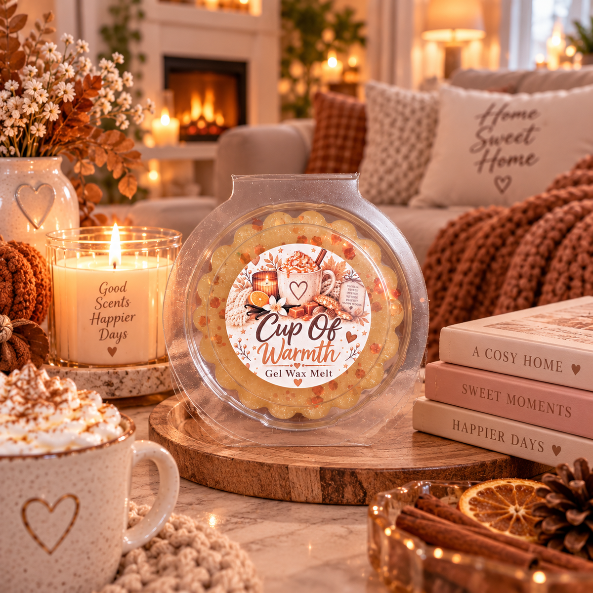 A round gel wax melt in a clear plastic tub with a decorative label reading 'Cup Of Warmth' is displayed on a wooden tray in a cozy, warmly lit living room setting with candles, books, and a mug.