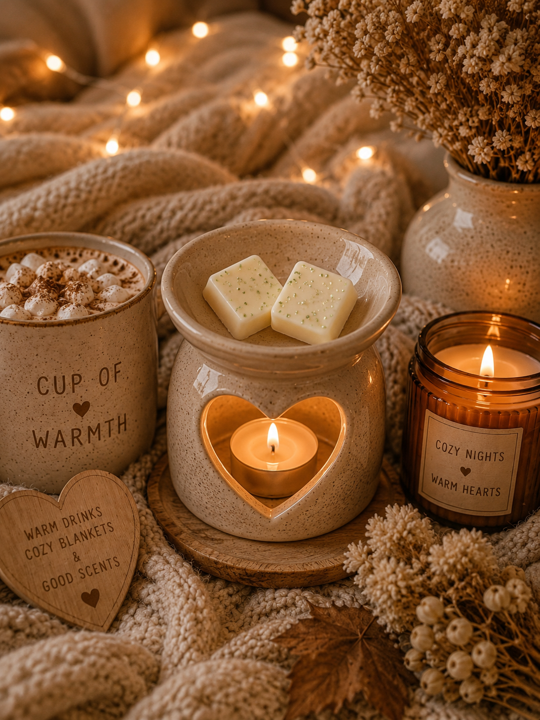 cup of warmth wax melts in burner with cosy decor, fairy lights and hot chocolate.