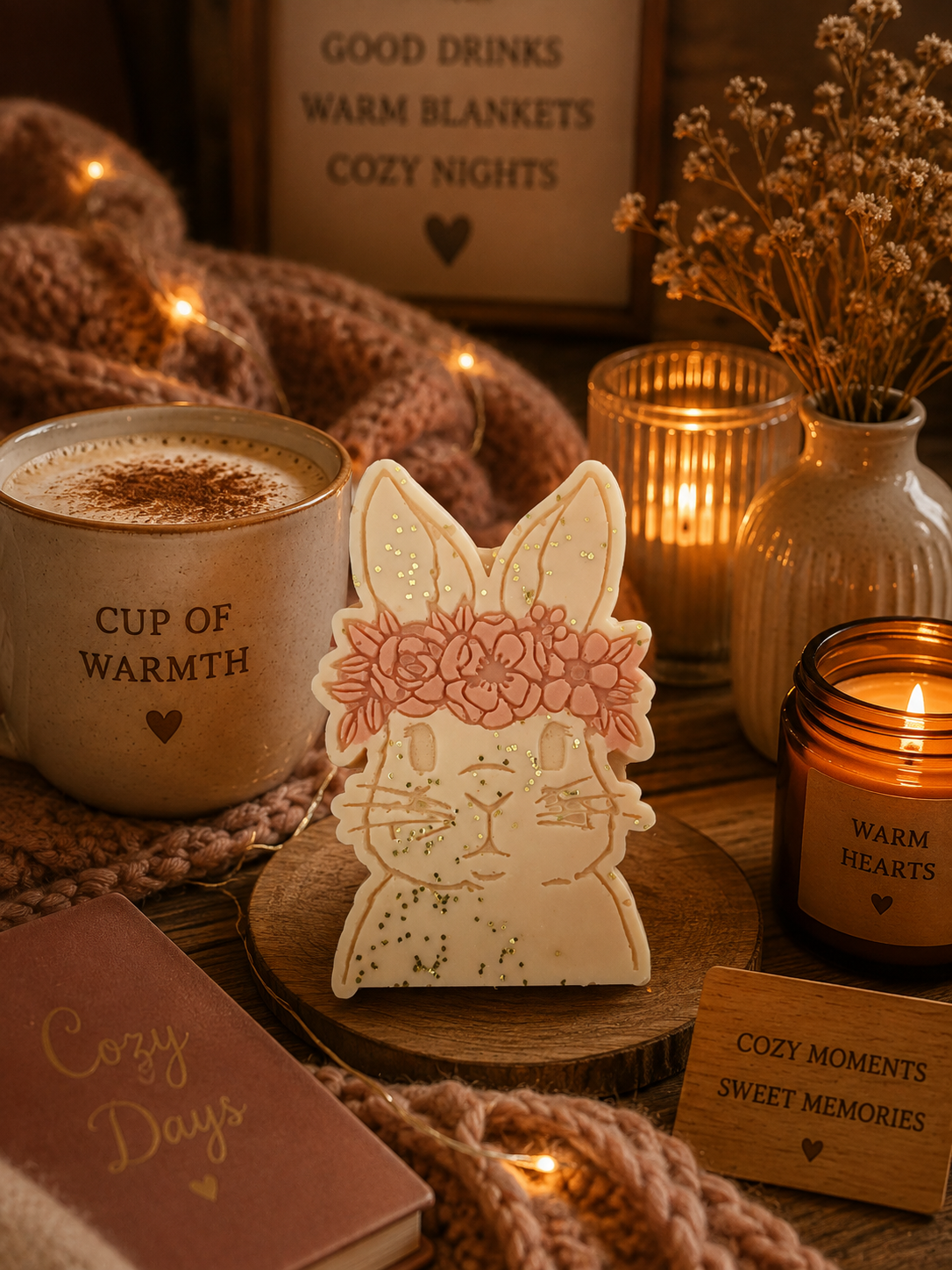 A decorative bunny-shaped wax melt sits on a wooden coaster in a cozy, warmly lit setting with a mug reading 'CUP OF WARMTH,' candles, dried flowers, and small sign cards.
