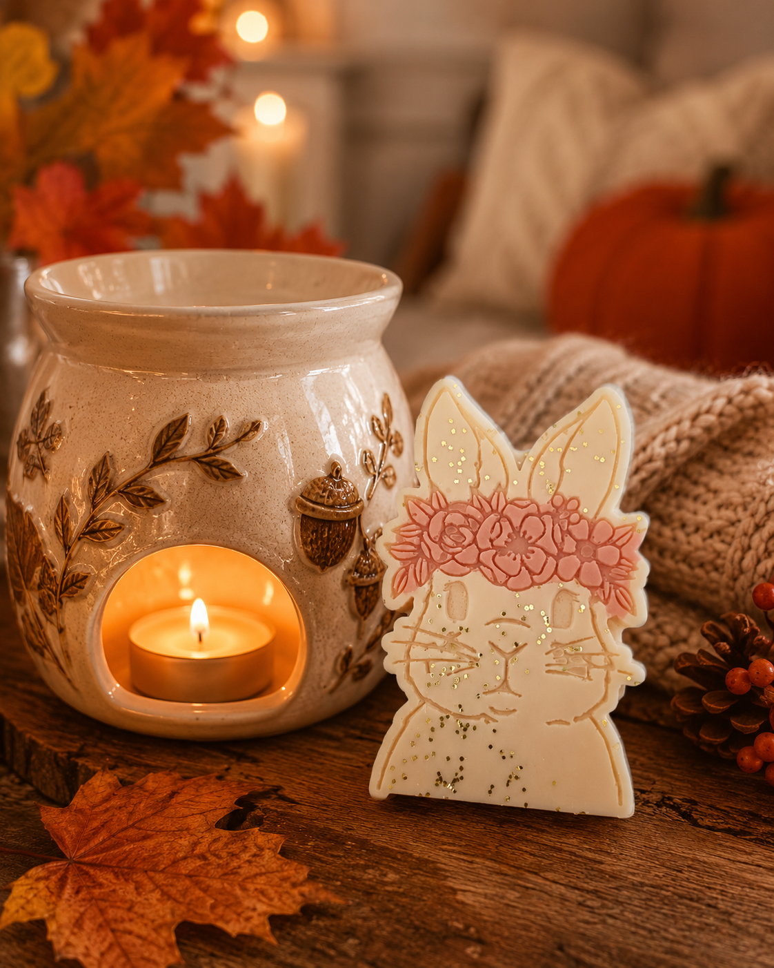 A rabbit-shaped wax melt with a floral crown and glitter details, placed next to a matching ceramic candle warmer with a lit tea light candle, styled with autumn leaves, a pumpkin, and a knitted blanket.