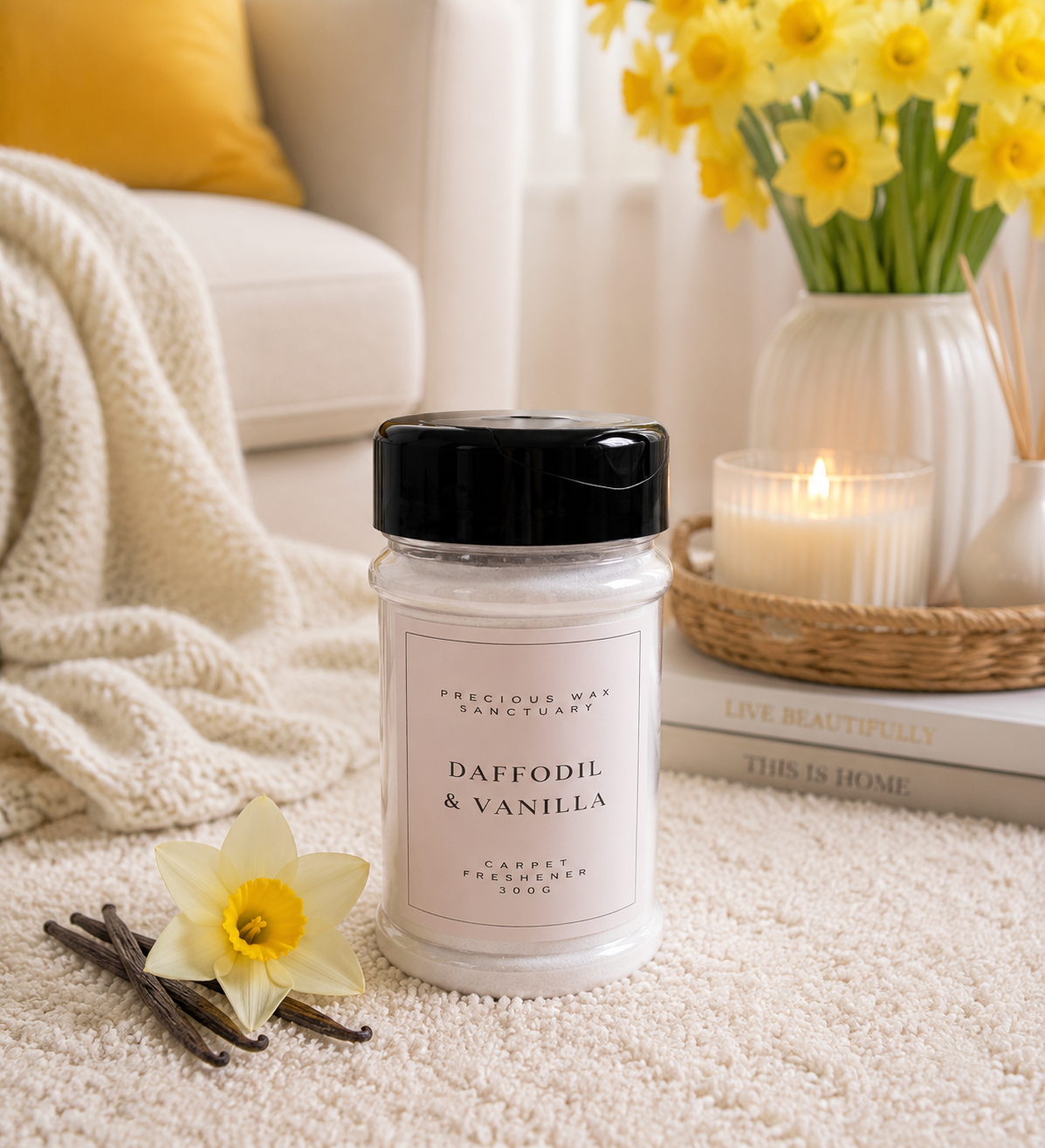 A jar of carpet freshener labeled 'DAFFODIL & VANILLA' by Precious Wax Sanctuary sits on a cream rug in a cozy living room setting with a yellow daffodil flower, vanilla pods, a lit candle, and a sofa in the background.