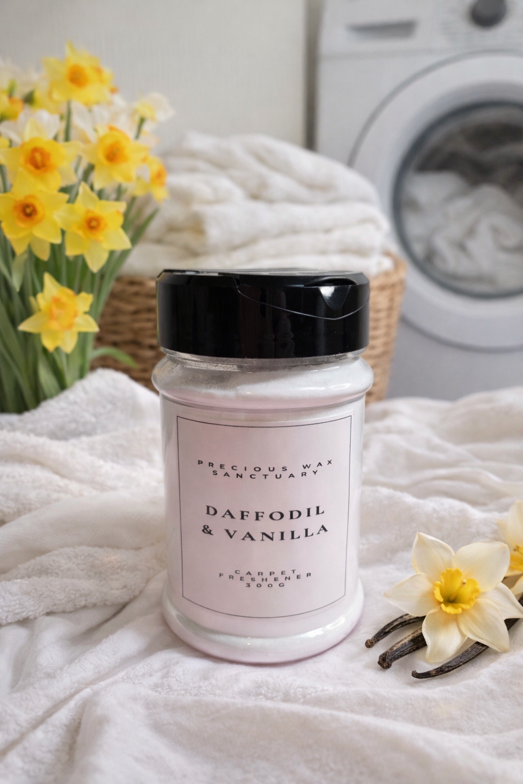 Carpet freshener jar labeled 'Daffodil & Vanilla' on a surface with flowers and laundry in the background