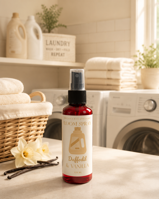 A bottle of room spray labeled 'Daffodil & Vanilla' stands on a countertop in a bright laundry room. The bottle is amber red with a black spray top and a cream label.