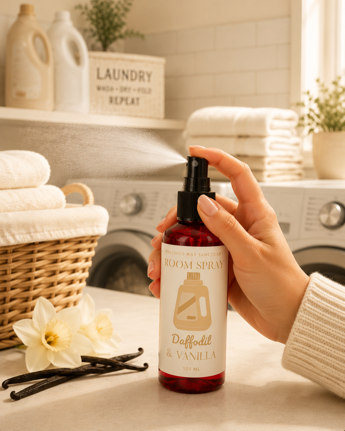A hand sprays a room spray bottle labeled 'Daffodil & Vanilla' in a bright laundry room setting with a washing machine, folded towels, and flowers on the counter.