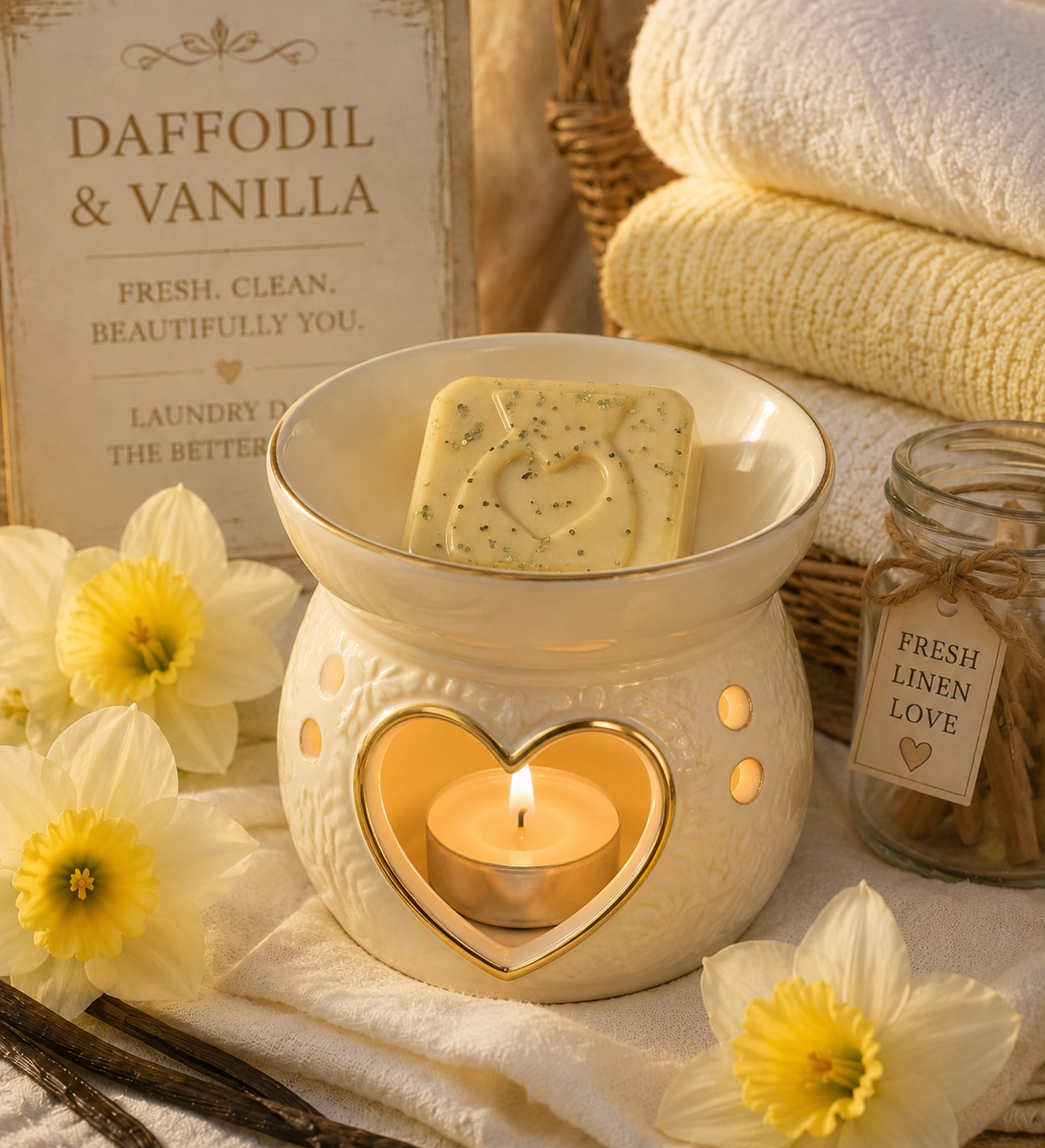 A cream-colored ceramic wax warmer with a gold heart-shaped cutout and a lit tealight candle inside, styled with a wax melt, folded towels, daffodils, and a sign reading 'DAFFODIL & VANILLA'.