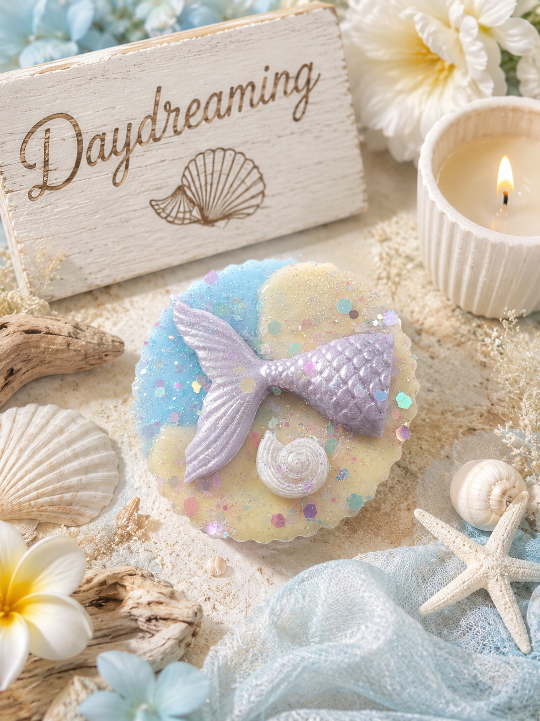 A mermaid-themed circular wax melt with a lavender mermaid tail, pastel blue and yellow background, and glitter accents, styled on a sandy surface with seashells, flowers, a candle, and a wooden sign reading "Daydreaming.".
