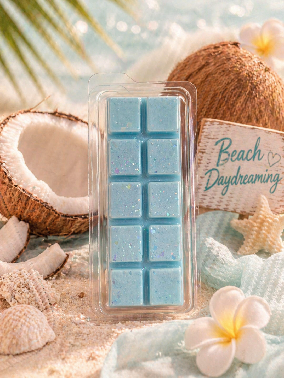 Pack of blue wax melts with a 'Beach Daydreaming' label, surrounded by coconuts and seashells.