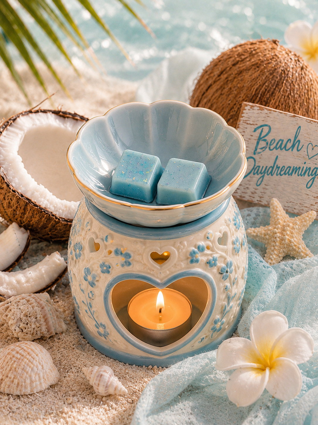 A ceramic beach-themed wax warmer with a blue and white floral pattern, featuring a lit candle in a heart-shaped cutout and two blue wax cubes in the flower-shaped lid. The warmer is styled on a sandy beach background with seashells, a coconut, a starfish, a towel, and a sign reading 'Beach Daydreaming'.