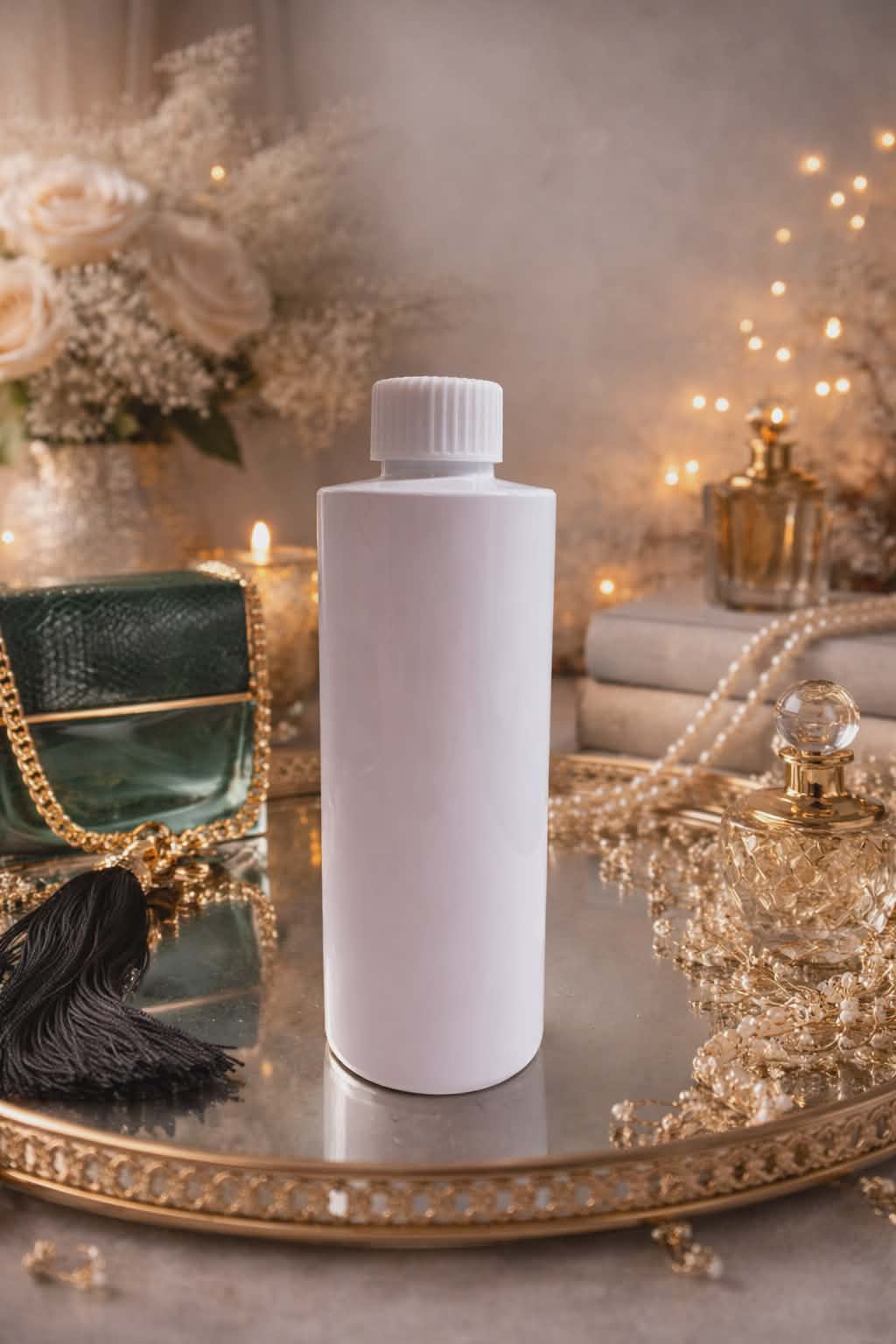 Reed diffuser refill White bottle on a decorative tray with candles and flowers in the background