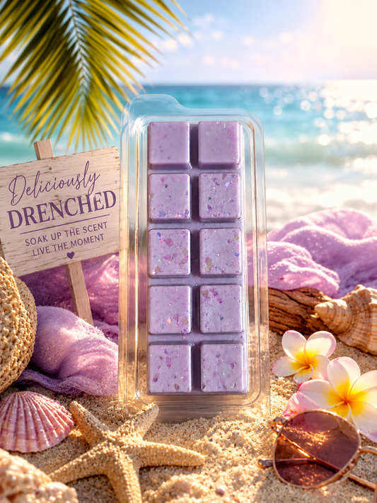 Pack of purple wax melts with a beach-themed background featuring palm leaves, shells, and flowers.