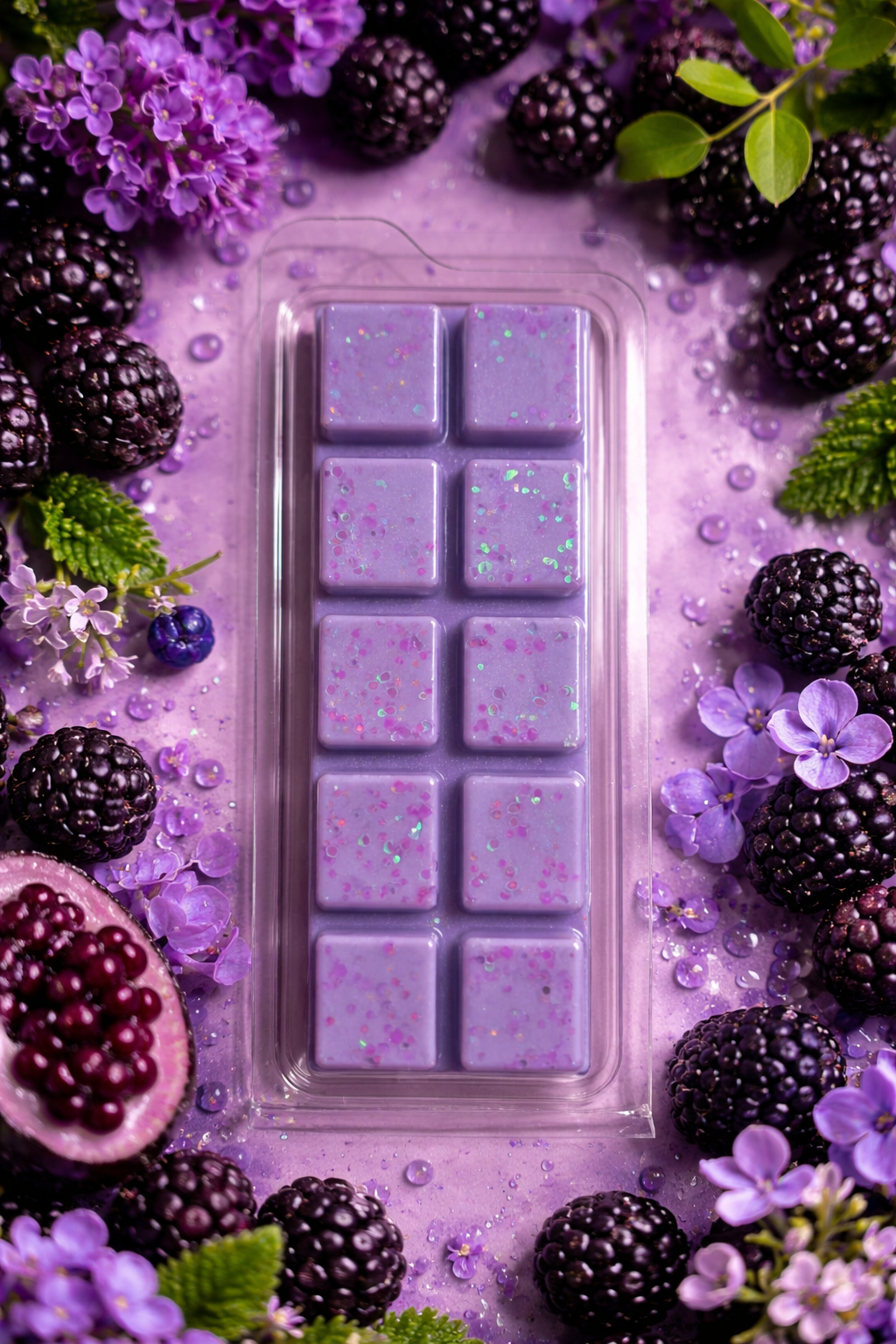 Purple wax melt mold surrounded by blackberries, pomegranate, and purple flowers on a light purple background
