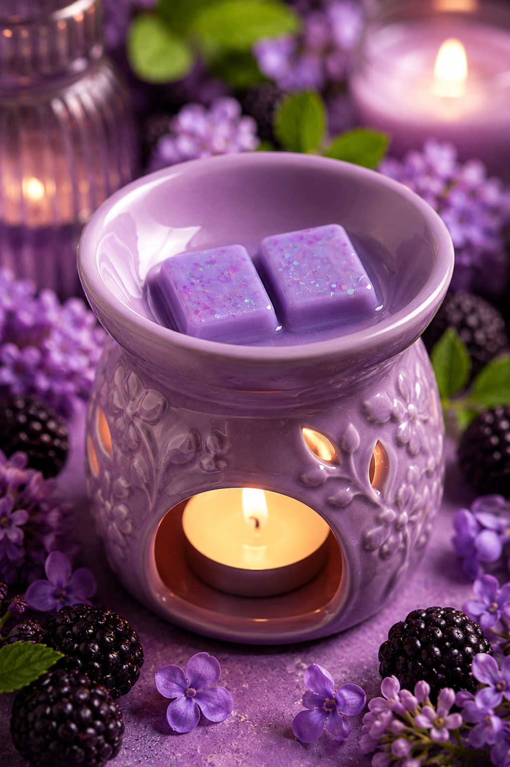 Purple wax melts kn burner surrounded by berries.