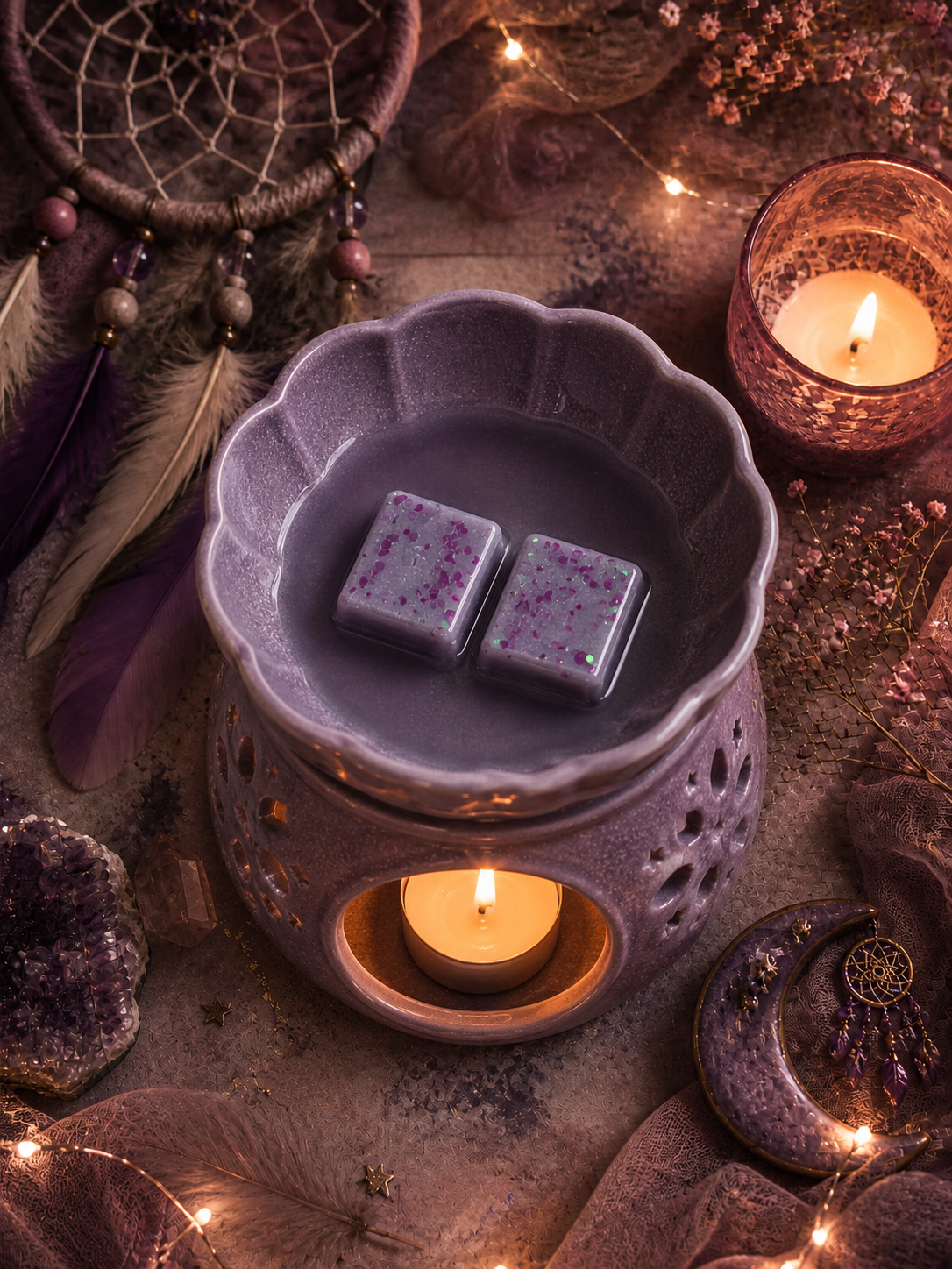 dreamcatcher wax melts in wax warmer with dreamcatcher magical crystal theme.