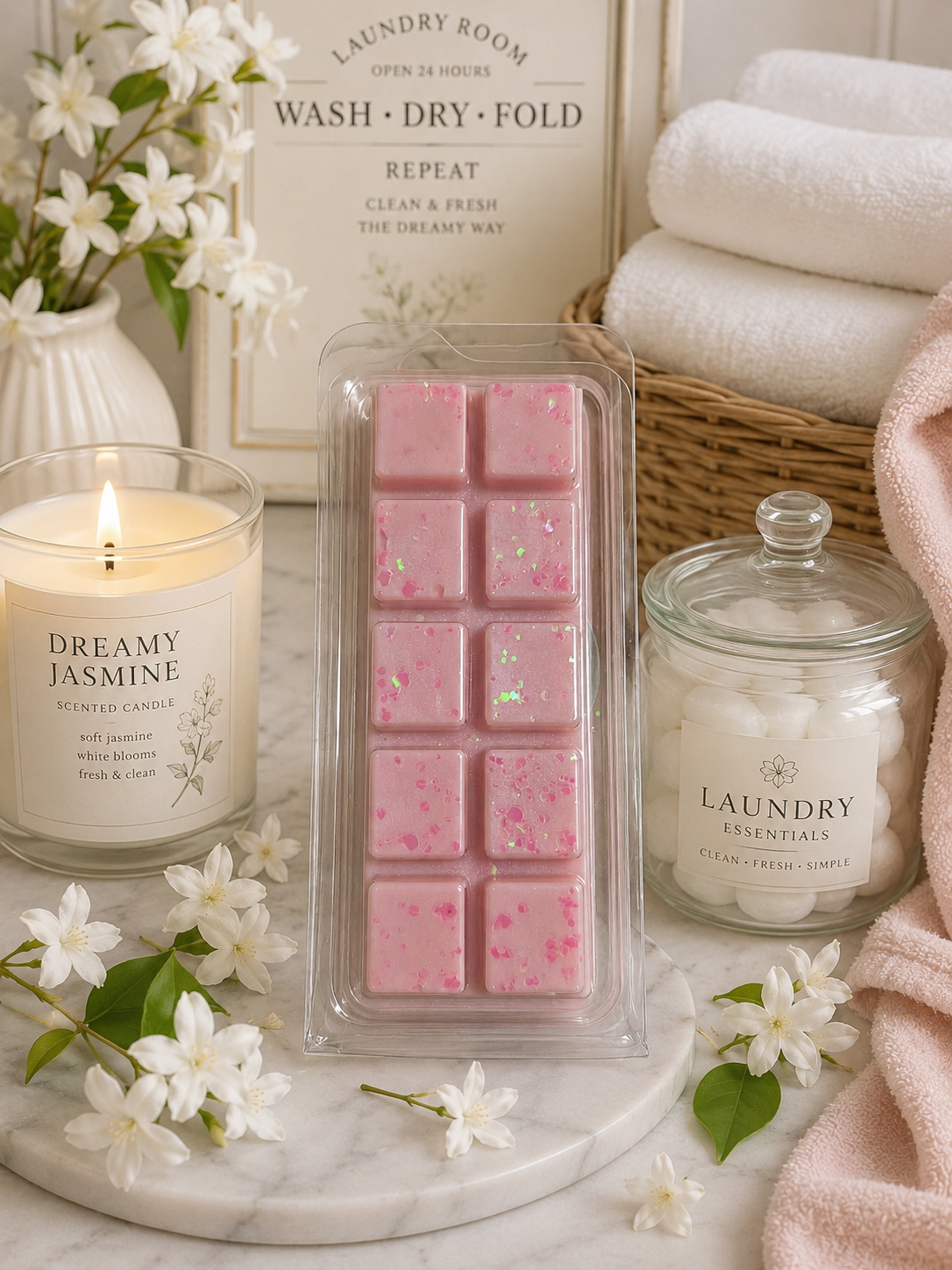 Pink wax melts in a clear packaging, surrounded by a candle, jar, and laundry items on a marble surface.