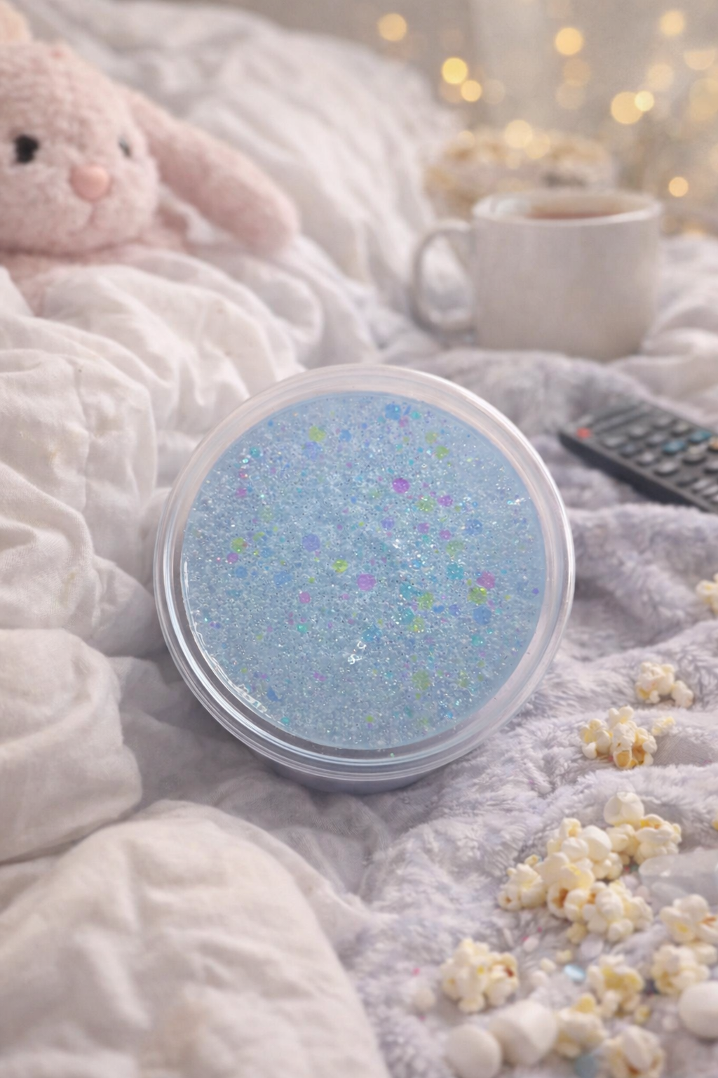 Round blue gel wax melt with colourful glitter on a soft surface with a plush toy and cup in the background.