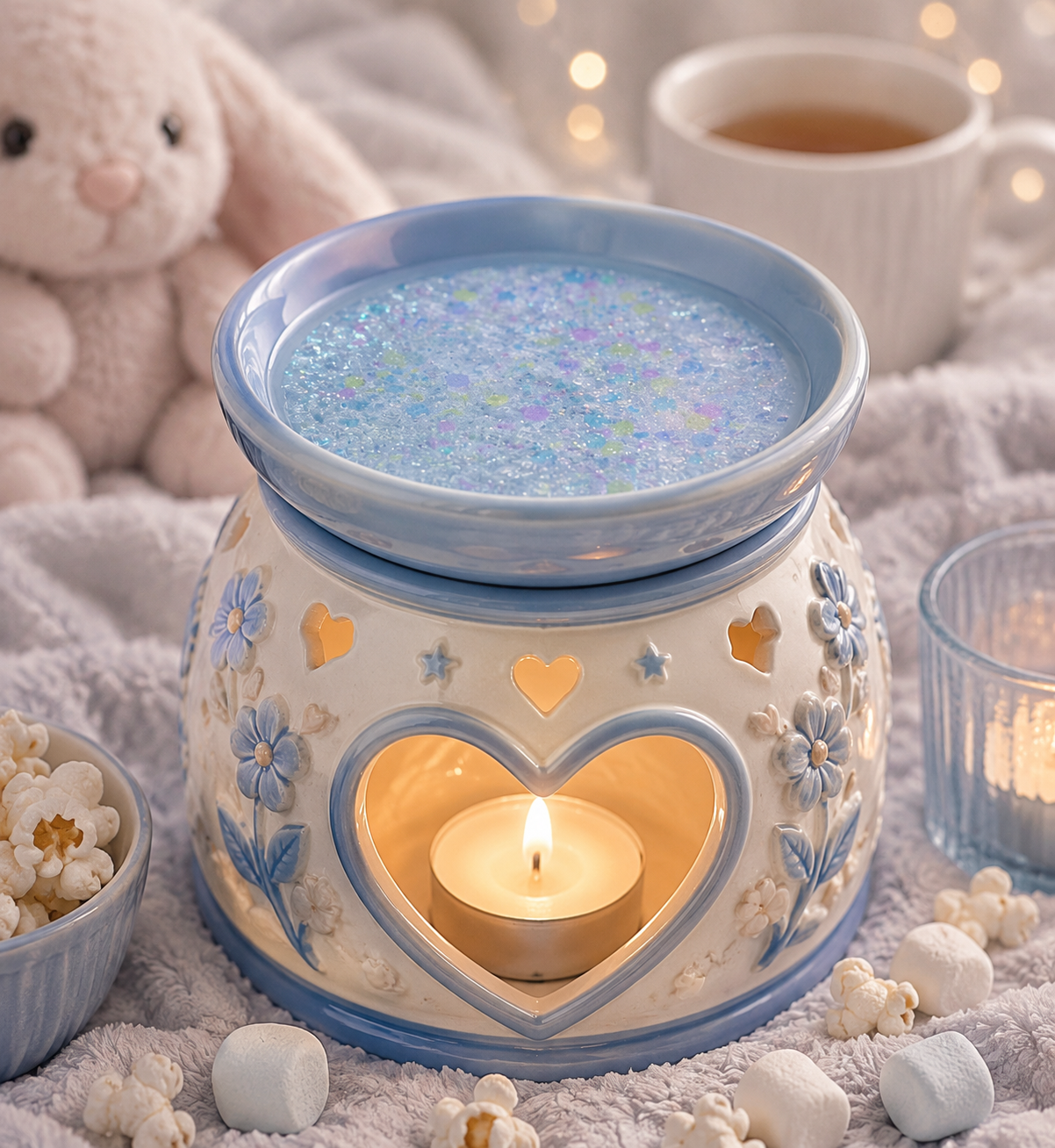 A ceramic wax warmer with a heart-shaped cutout and floral details, lit with a tealight candle inside. The top bowl contains shimmering blue gel wax, set on a cozy blanket with popcorn, marshmallows, a bunny toy, and a cup in the background.