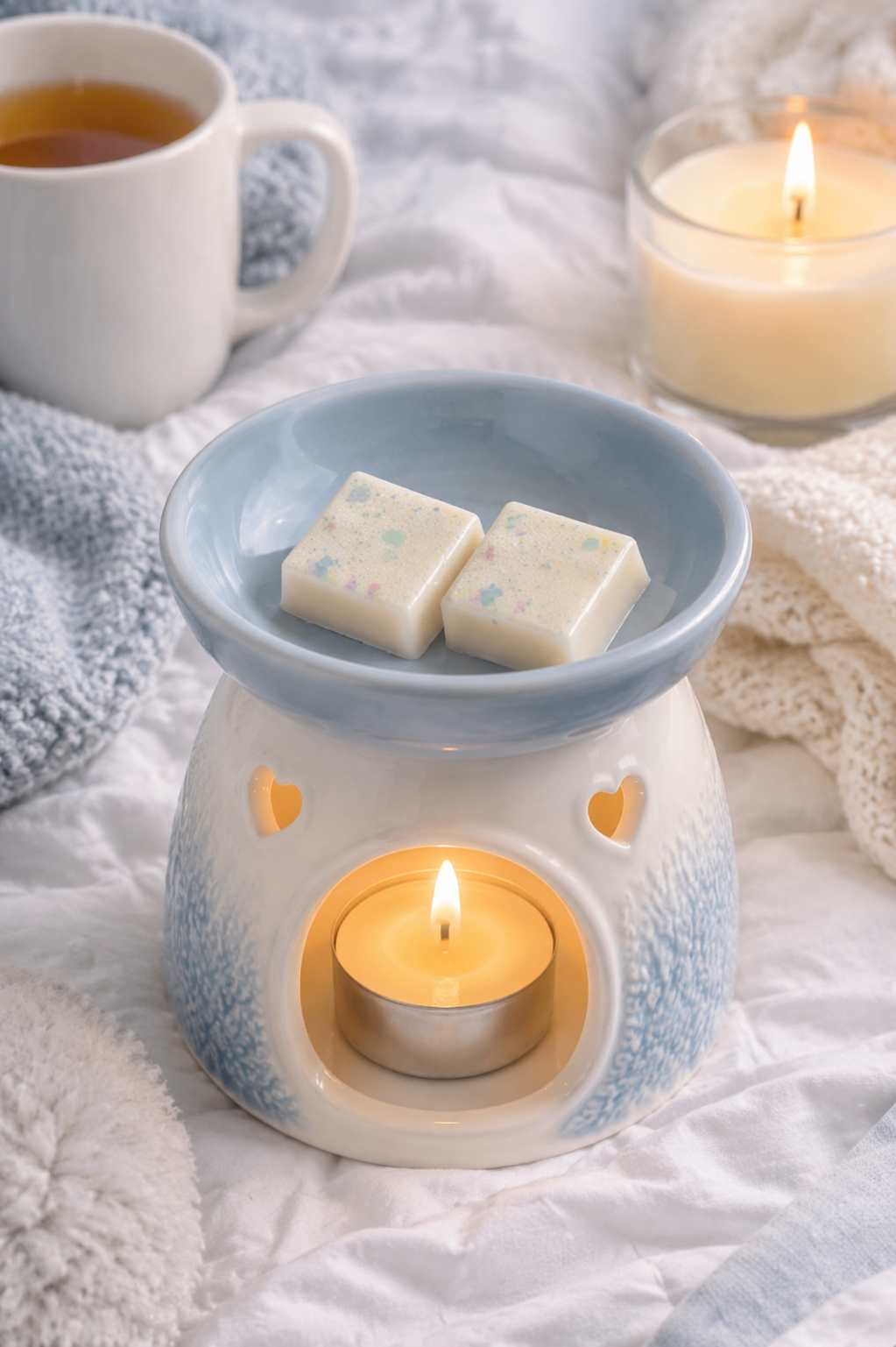 Duvet day wax melts in burner with cosy background.