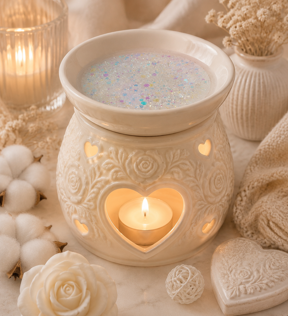 A cream-colored ceramic wax warmer with embossed floral details and heart-shaped cutouts, lit with a small tealight candle inside. The top section holds a bowl filled with iridescent gel wax.