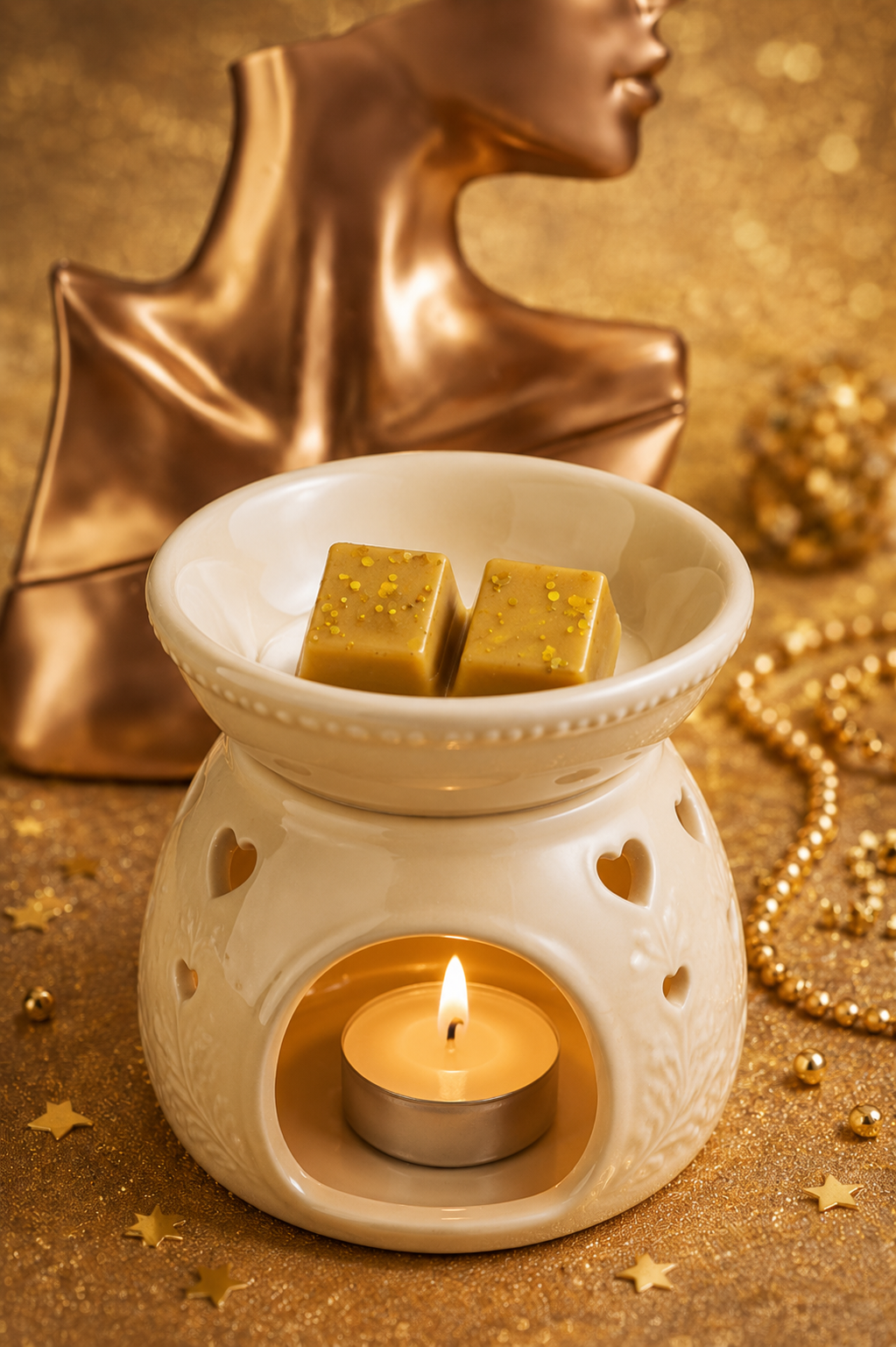 A white ceramic wax warmer with a lit tealight candle inside, holding two small gold wax cubes on its saucer. The scene is styled with a metallic gold background, a gold bust sculpture, and a gold beaded necklace.