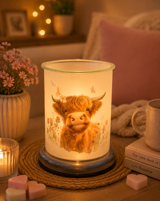 Electric highland cow wax melter with light surrounded by cosy decor in home