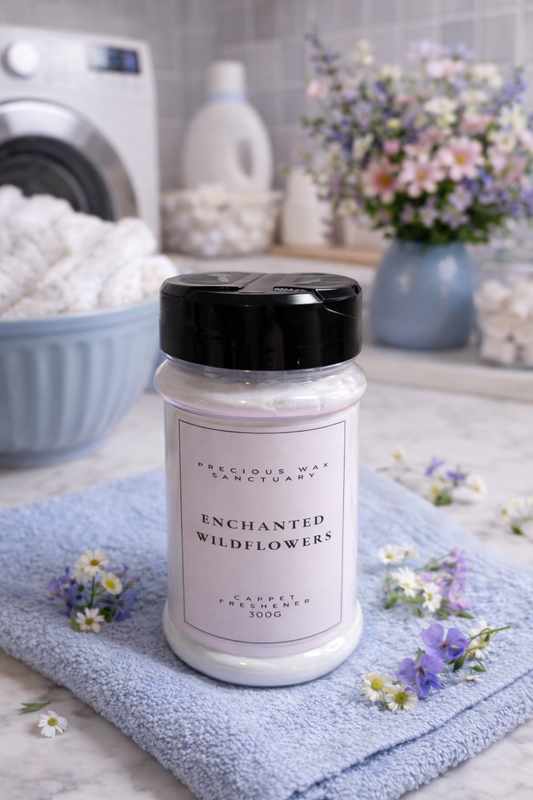 Carpet freshener of 'Enchanted Wildflowers' product on a towel with laundry and flowers in the background