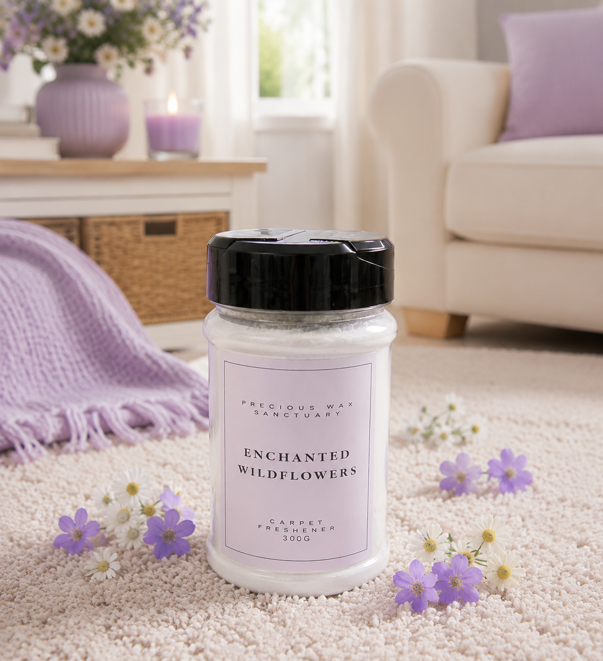 A jar of carpet freshener by Precious Wax Sanctuary Enchanted Wildflowers carpet fragrance placed on a light beige carpet in a cozy living room setting with a lavender throw blanket, sofa, and small purple flowers scattered around the base.