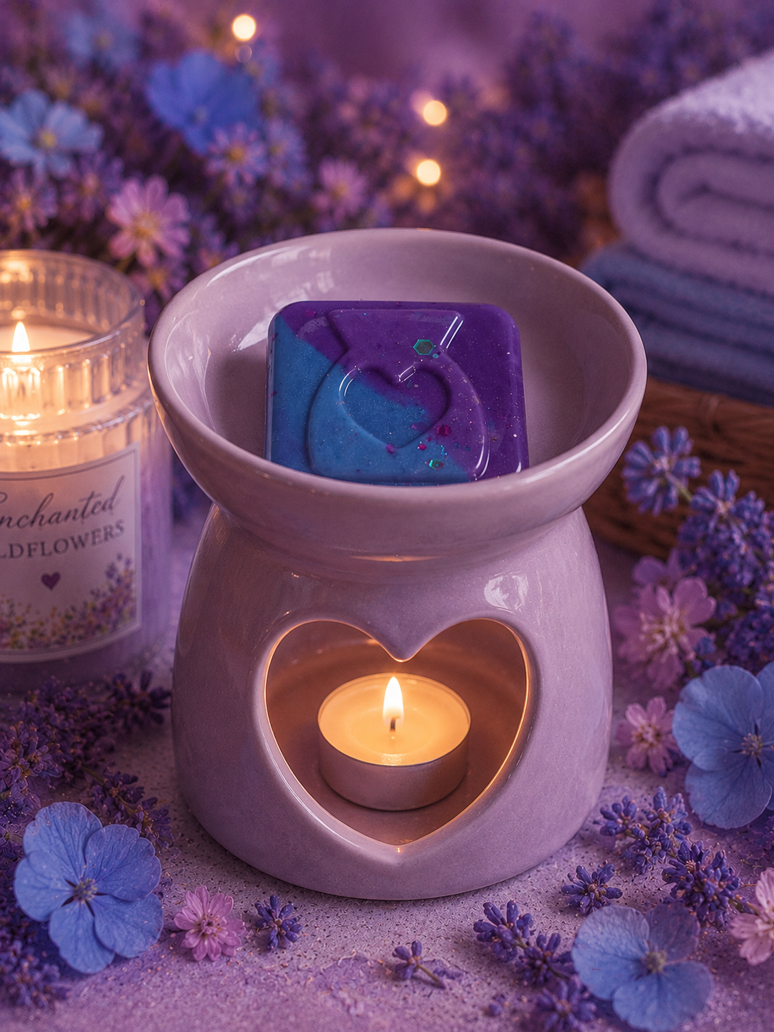 wax melt burner with wax melt with a lit candle surrounded by lavender and flowers.
