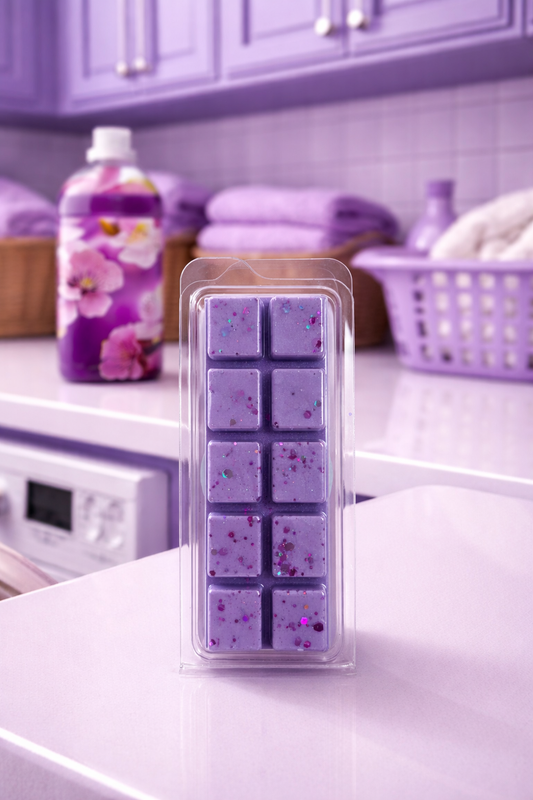 Packaged wax melts on a kitchen counter with purple cabinets and decor.