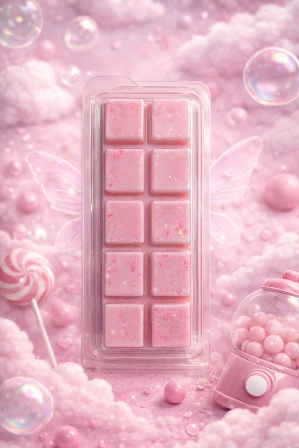 Pink wax melt on a pink background with bubbles and candy decorations.