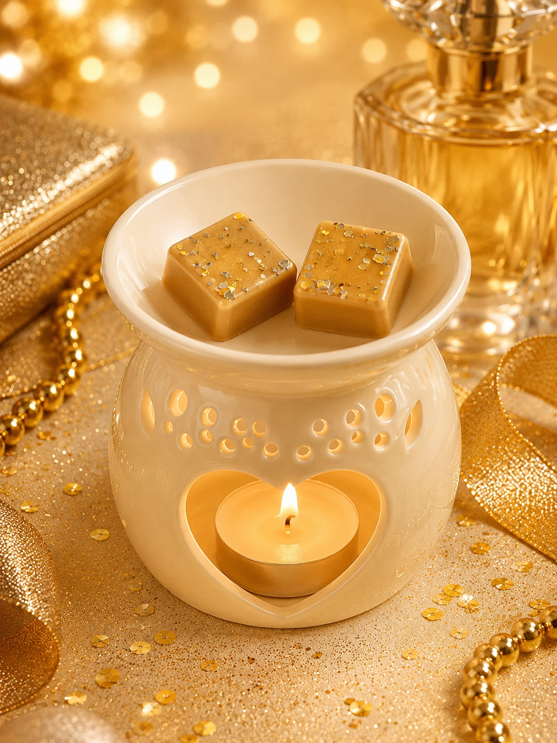 A white ceramic wax warmer with a lit tealight candle inside, holding two square tan wax melts with tiny blue and gold speckles, styled on a glittery gold surface with decorative ribbons and a perfume bottle in the background.