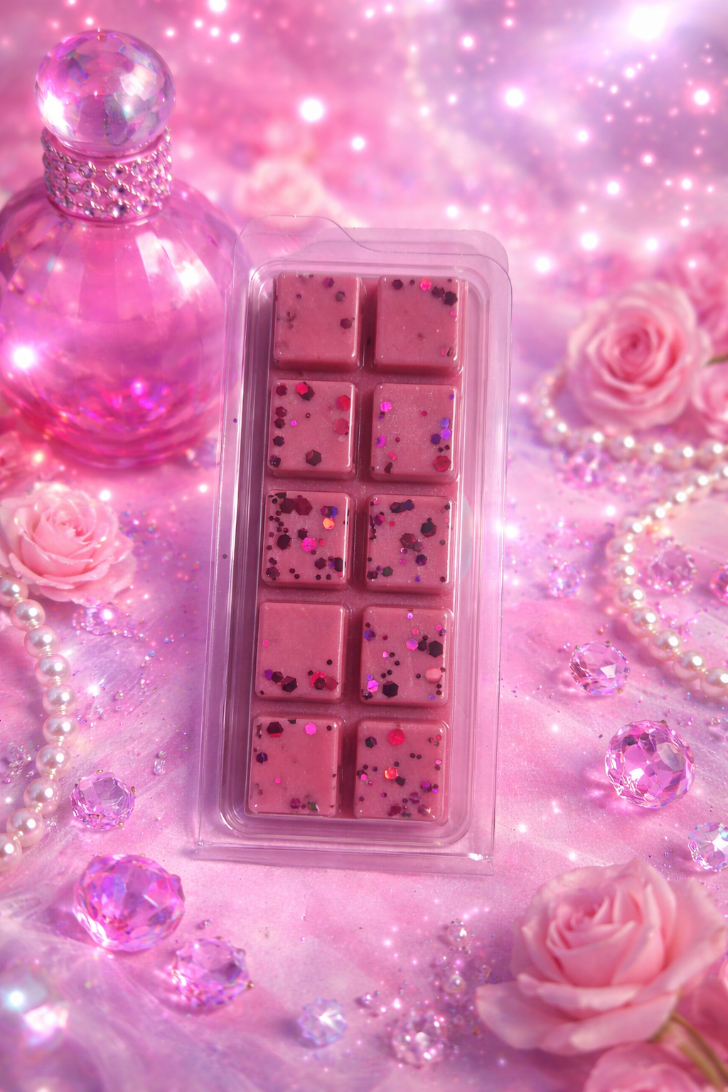 Pink wax melt with pink roses and decorative elements on a glittery background