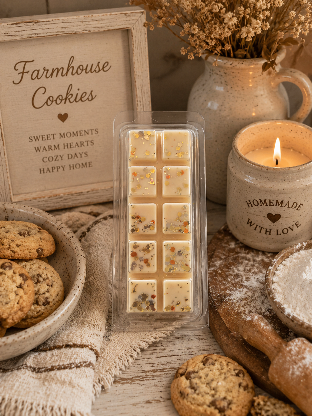 A clear clamshell package of a cream wax melt bar with small dried botanical and gold flecks, displayed on a rustic wooden table surrounded by cookies, a lit candle, and a framed sign that reads 'Farmhouse Cookies'.