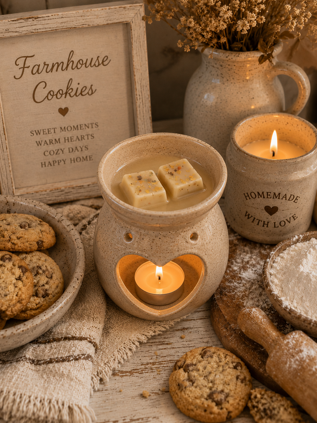 farmhouse cookies scented wax melts in burner with cosy farmhouse autumn background theme.