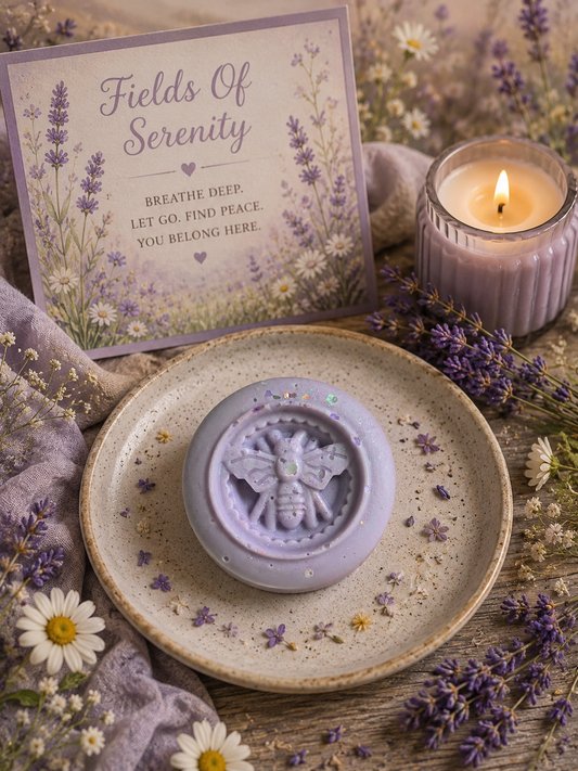 A lavender-colored wax melt with an embossed bee design sits on a speckled ceramic plate, surrounded by dried flowers, lavender sprigs, a lit candle, and a card that reads 'Fields Of Serenity' with floral illustrations.
