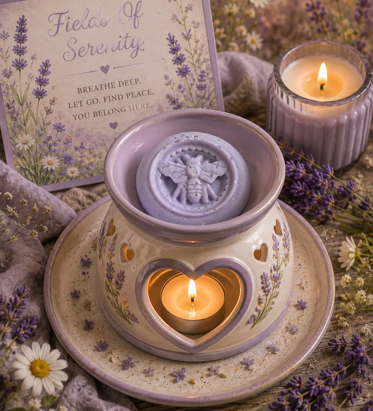 Lavender bee wax melt in burner surrounded by lavender and pretty flowers. 